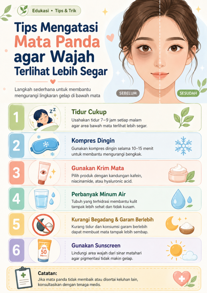 Tips mengatasi mata panda agar wajah tampak lebih segar dengan perawatan sederhana, pola tidur cukup, dan kebiasaan sehat harian.