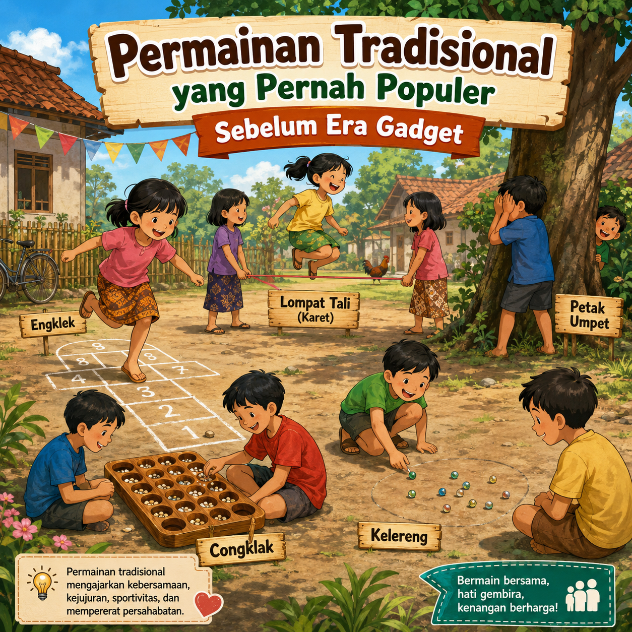 Kenali permainan tradisional populer sebelum era gadget yang penuh nostalgia, melatih kreativitas, kebersamaan, dan aktivitas fisik anak.